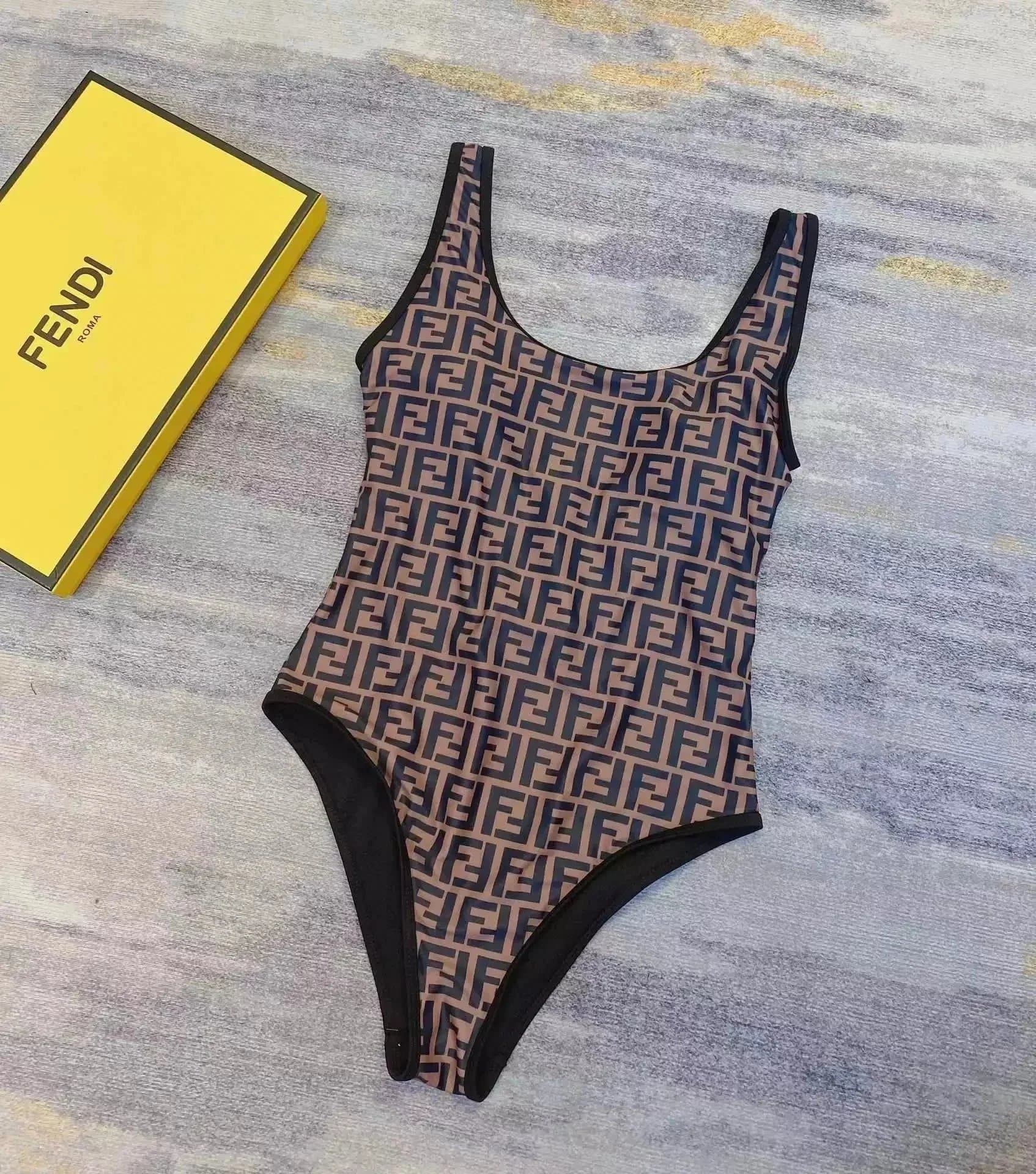 Fendi Logo Print One-Piece Swimsuit in Brown and Black