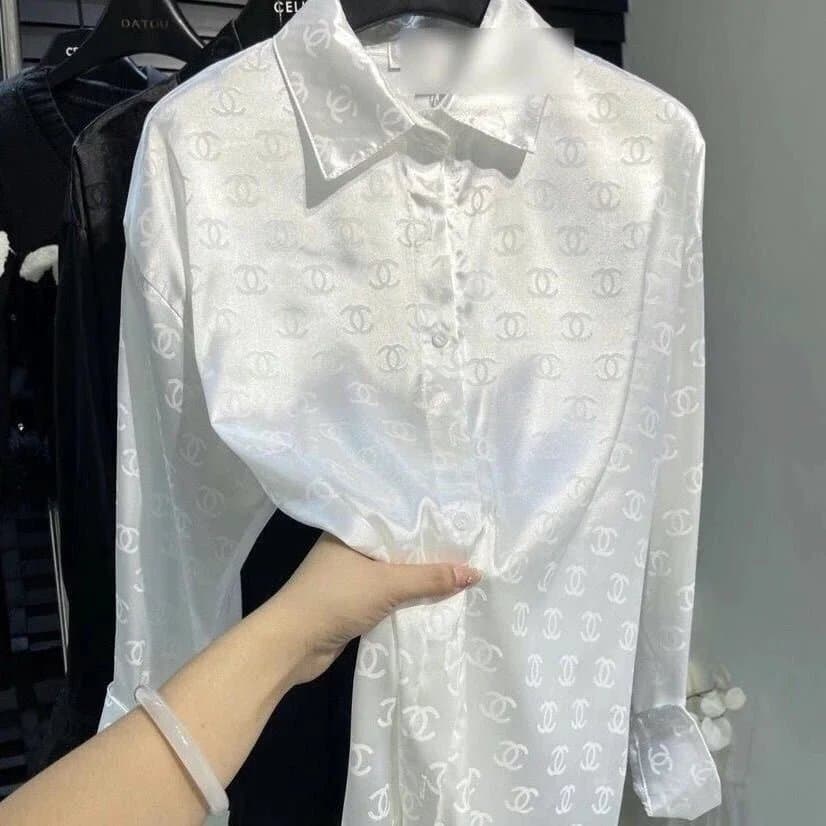 White CC Logo Print Silk Shirt for Women